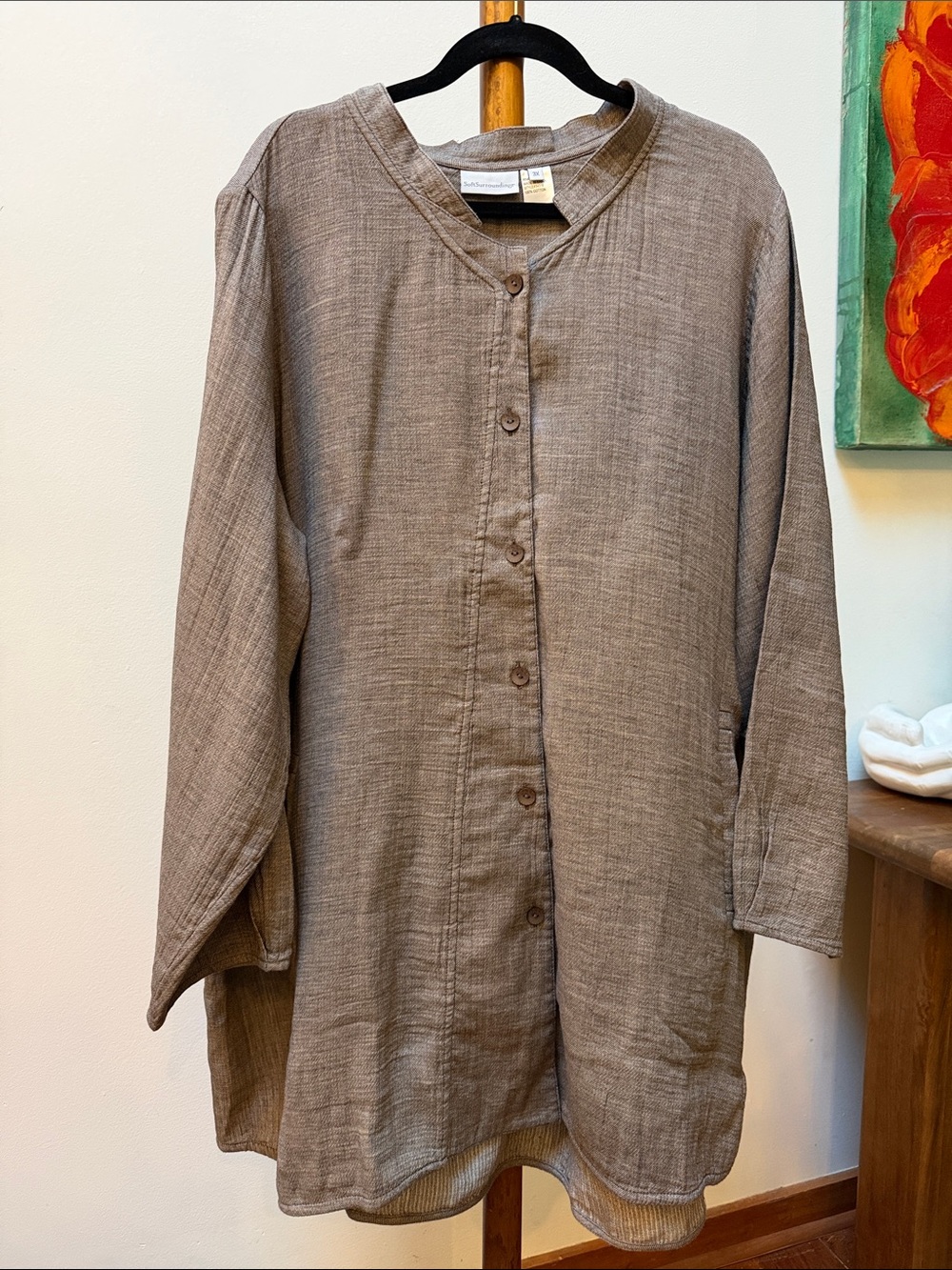 Soft Surroundings Cotton Embroidered Back Tunic Shirt Top Brown Taupe 3X Boho